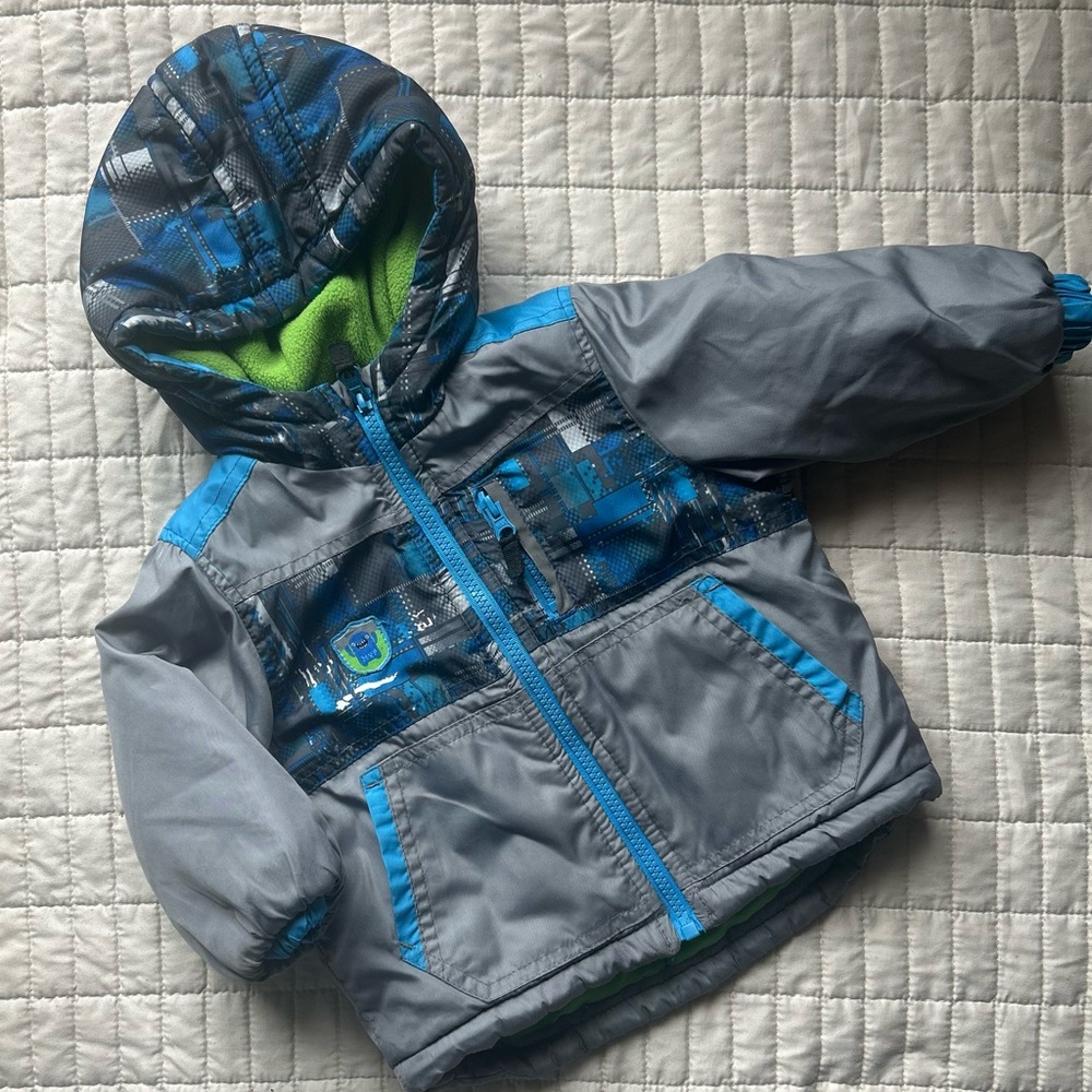 London Fog Infant Boy Coat MVP Blue Gray Green Size 12 Months Fleece Lined Hood